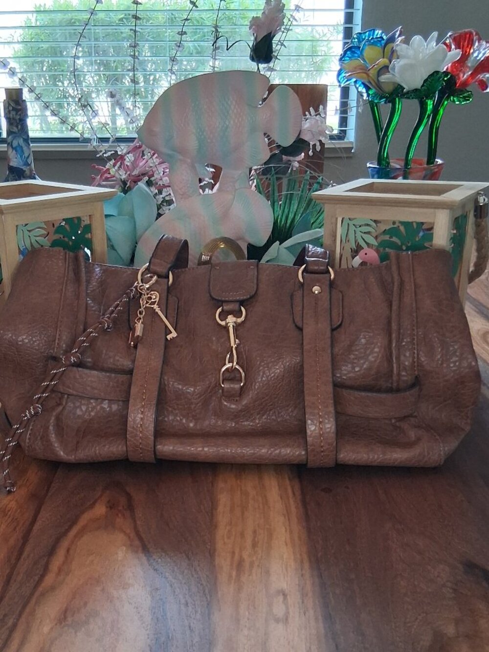 Cognac Brown Pebbled Faux Leather Slouchy Tote Bag with Lock Key Charm